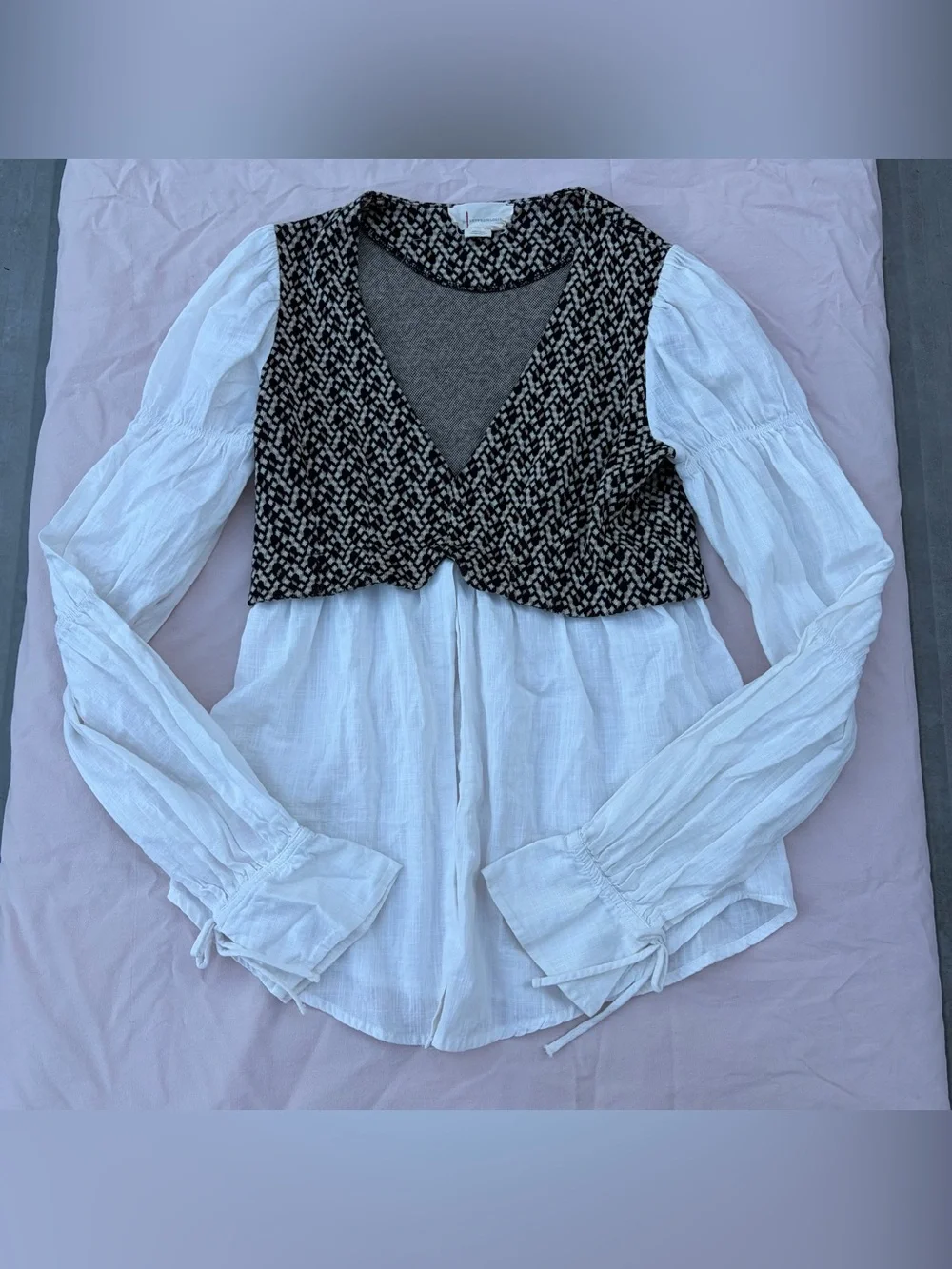 By Anthropologie Layered Jacquard Vest & Blouse, Puff Sleeve Office Streetwear